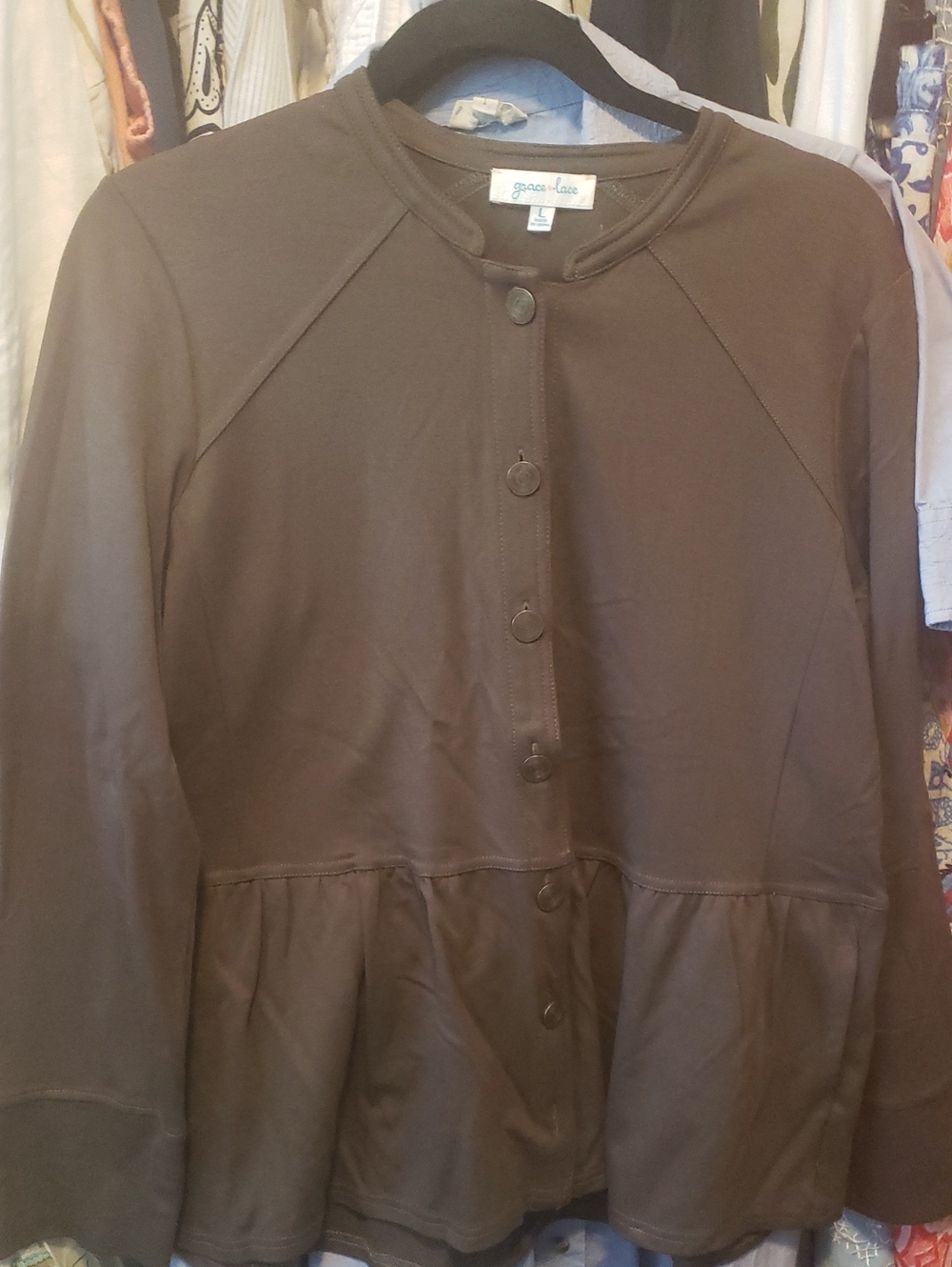 Grace & Lace Brown Peplum Button-Front Jacket